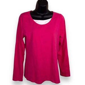 LARGE DANSKIN NOW PINK TOP COTTON BLEND LONG SLEEVE WHITE NECKLINE ACCENT